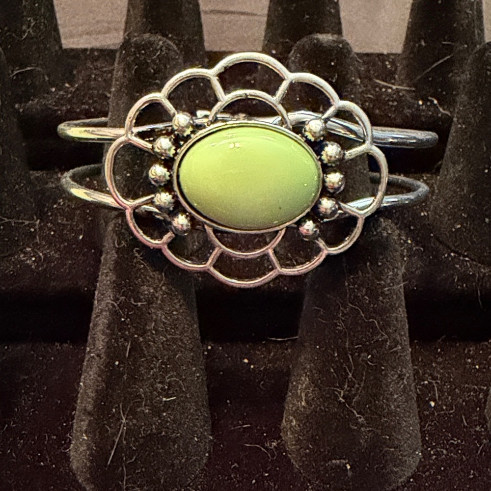 Women’s Silver Floral Cuff Bracelet with Lime Green Stone